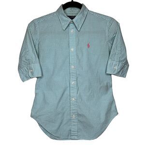 Ralph Lauren Size 2 Sport Super Slim Fit Shirt Blue White Gingham Button Front